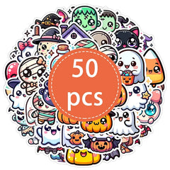 50PCS Halloween Stickers Cute Cartoon Cat Pumpkin Fun Holiday Decals Pack | Vinyl Waterproof Scrapbook Stickers