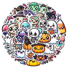 50PCS Halloween Stickers Cute Cartoon Cat Pumpkin Fun Holiday Decals Pack | Vinyl Waterproof Scrapbook Stickers