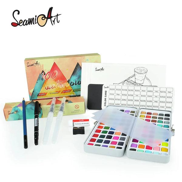 Seamiart 100 Color Solid Watercolor Gift Set Watercolor Pigments With Paint Brush Coloring Papers for Drawing Art Paint Supplies