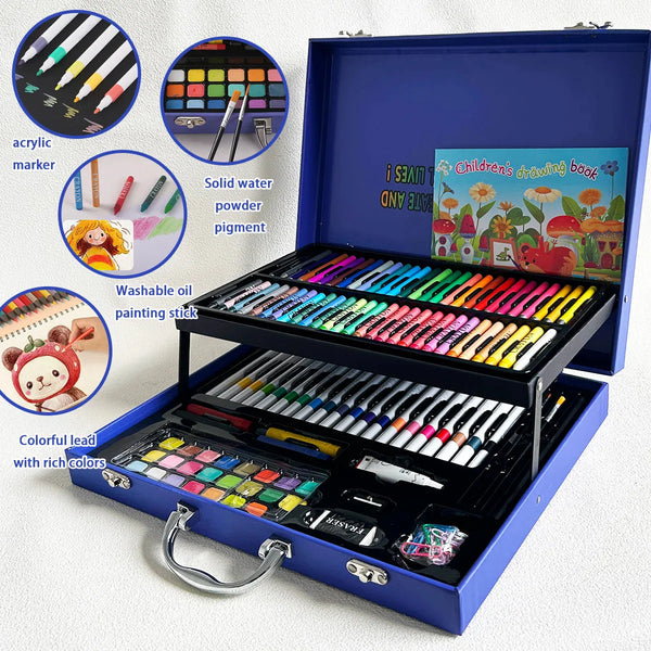 Cartoon Art Supplies,156 Pack Painting Drawing Art Kit ,Deluxe Double Layers Art Set Tool,Colored Pencils,Oil Pastels,Watercolor
