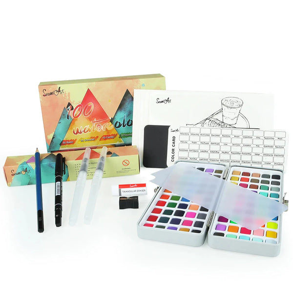 Seamiart 100 Color Solid Watercolor Gift Set Watercolor Pigments With Paint Brush Coloring Papers for Drawing Art Paint Supplies