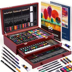 175 Piece Deluxe Art Set Wooden Case Crayons Pencils