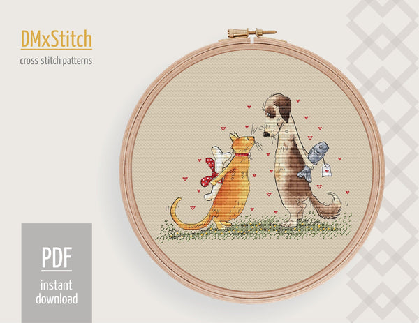 Cat and dog Cross stitch pattern Animal Cross Stitch pdf Modern cross stitch pattern Pet cross stitch St. Valentine's Counted cross stitch
