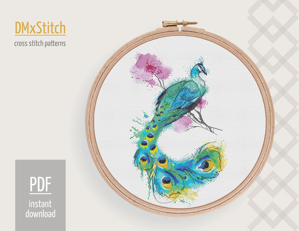 Peacock Cross stitch pattern Spring Cross Stitch pdf Modern cross stitch pattern Tropical Aloha cross stitch Counted cross stitch Bird