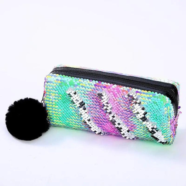 Shiny Reversible Girls Pencil Case Glitter Design Double Color Zipper Make Up Bag Stationery Case For Students